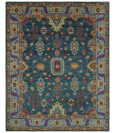 Vibrant Colorful Green, Silver, Mustard and Orange Hand Knotted Oriental Oushak Multi Size wool Area Rug