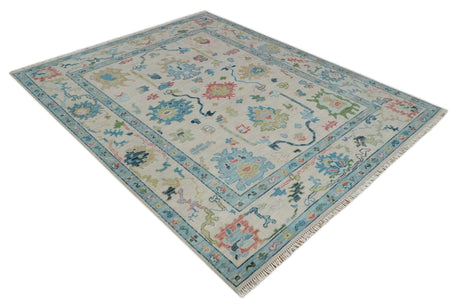 Vibrant Colorful Ivory and Aqua Hand Knotted Traditional Oushak Multi Size Wool Area Rug, Living Room Rug