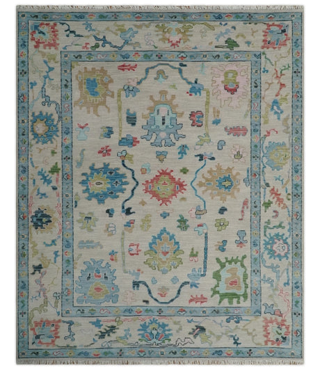 Vibrant Colorful Ivory and Aqua Hand Knotted Traditional Oushak Multi Size Wool Area Rug, Living Room Rug