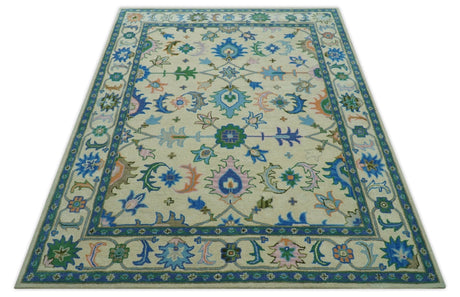 Vibrant Colorful Ivory and Blue Oriental Oushak Hand Tufted Multi Size area rug