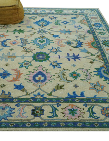 Vibrant Colorful Ivory and Blue Oriental Oushak Hand Tufted Multi Size area rug