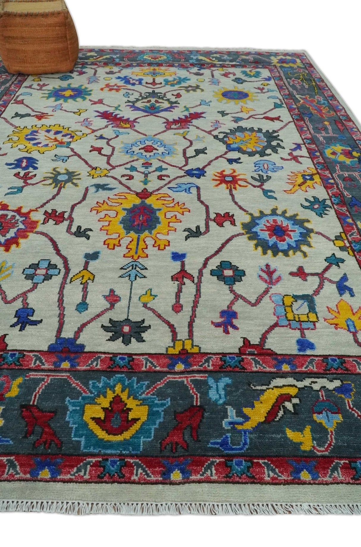 Vibrant colorful Ivory and Charcoal Hand Knotted Traditional Oushak Multi size Wool area Rug
