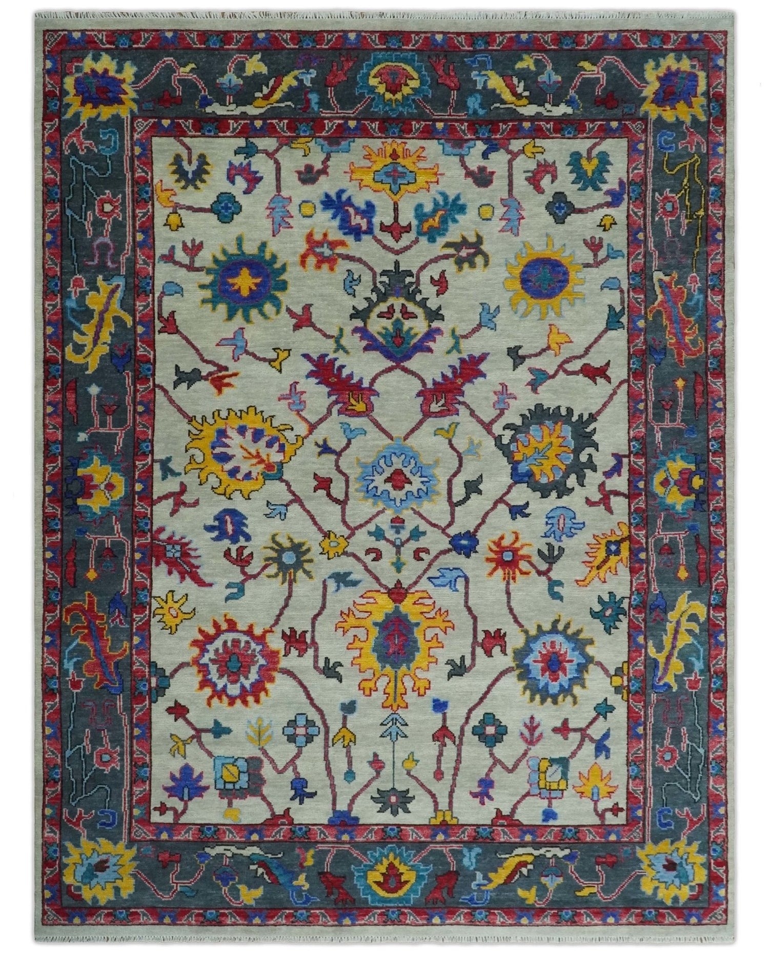 Vibrant colorful Ivory and Charcoal Hand Knotted Traditional Oushak Multi size Wool area Rug