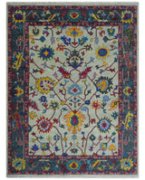 Vibrant colorful Ivory and Charcoal Hand Knotted Traditional Oushak Multi size Wool area Rug