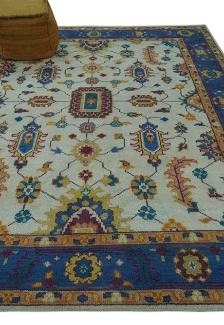 Vibrant Colorful Ivory, Blue, Beige and Peach Hand Knotted Traditional Floral Oriental Oushak Multi Size wool Area Rug