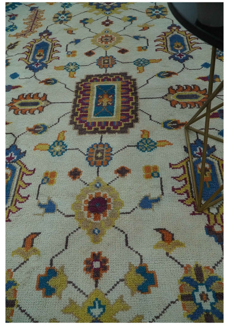 Vibrant Colorful Ivory, Blue, Beige and Peach Hand Knotted Traditional Floral Oriental Oushak Multi Size wool Area Rug