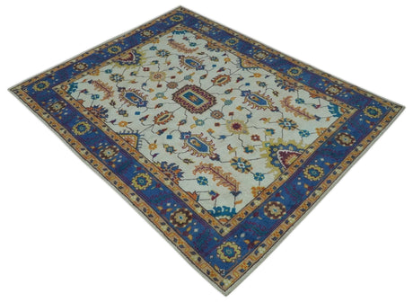 Vibrant Colorful Ivory, Blue, Beige and Peach Hand Knotted Traditional Floral Oriental Oushak Multi Size wool Area Rug
