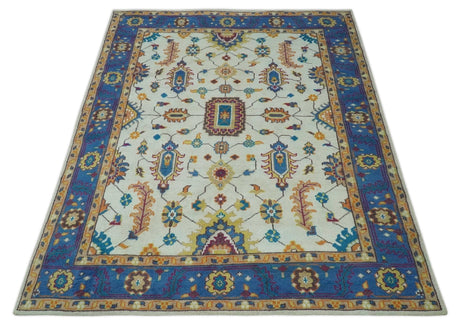 Vibrant Colorful Ivory, Blue, Beige and Peach Hand Knotted Traditional Floral Oriental Oushak Multi Size wool Area Rug