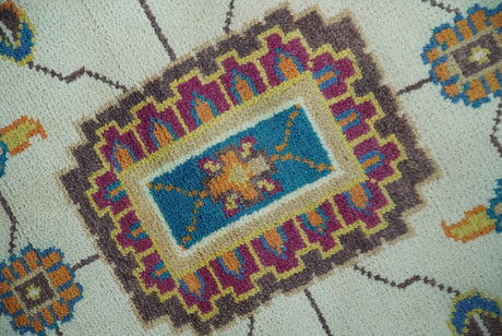 Vibrant Colorful Ivory, Blue, Beige and Peach Hand Knotted Traditional Floral Oriental Oushak Multi Size wool Area Rug