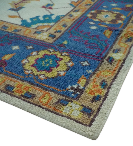 Vibrant Colorful Ivory, Blue, Beige and Peach Hand Knotted Traditional Floral Oriental Oushak Multi Size wool Area Rug