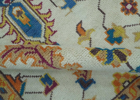 Vibrant Colorful Ivory, Blue, Beige and Peach Hand Knotted Traditional Floral Oriental Oushak Multi Size wool Area Rug