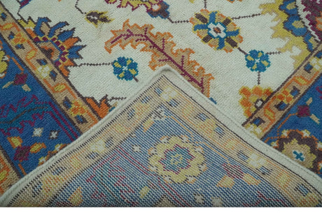 Vibrant Colorful Ivory, Blue, Beige and Peach Hand Knotted Traditional Floral Oriental Oushak Multi Size wool Area Rug