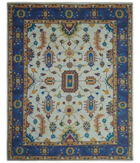 Vibrant Colorful Ivory, Blue, Beige and Peach Hand Knotted Traditional Floral Oriental Oushak Multi Size wool Area Rug