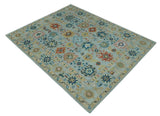 Vibrant Colorful Light Blue, Mustard, Brown and Blue Hand Knotted Traditional Oushak Multi Size wool Area Rug