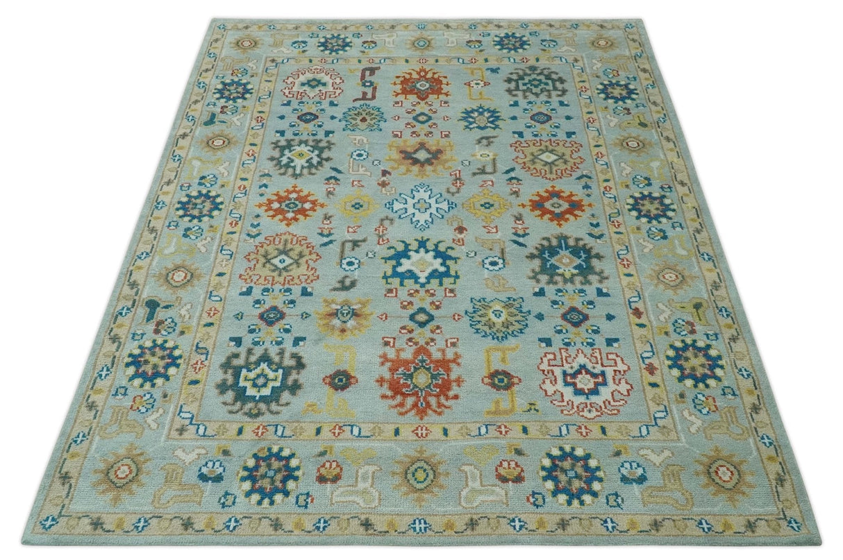 Vibrant Colorful Light Blue, Mustard, Brown and Blue Hand Knotted Traditional Oushak Multi Size wool Area Rug