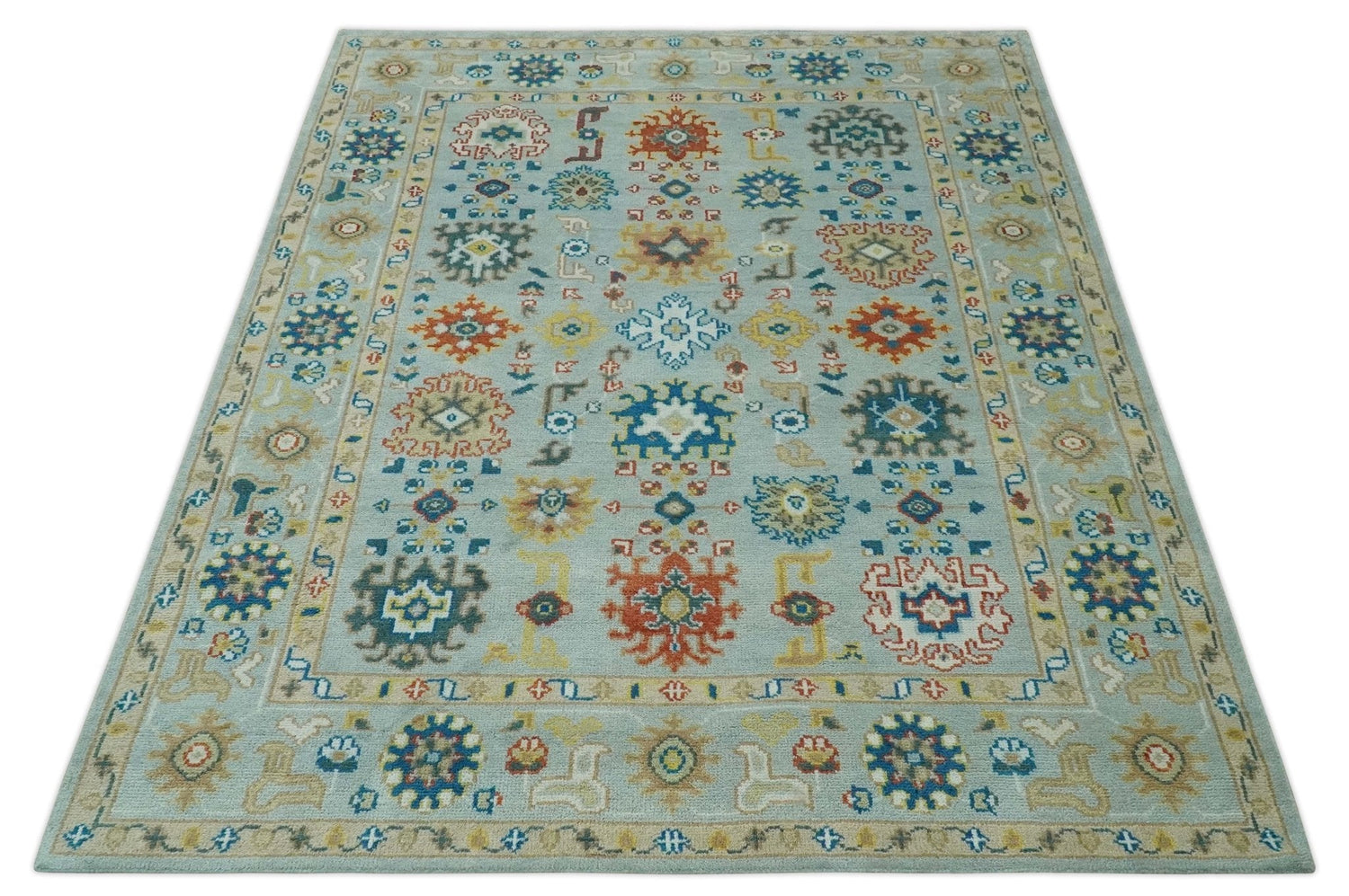 Vibrant Colorful Light Blue, Mustard, Brown and Blue Hand Knotted Traditional Oushak Multi Size wool Area Rug