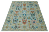 Vibrant Colorful Light Blue, Mustard, Brown and Blue Hand Knotted Traditional Oushak Multi Size wool Area Rug