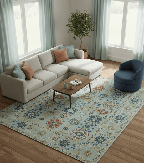 Vibrant Colorful Light Blue, Mustard, Brown and Blue Hand Knotted Traditional Oushak Multi Size wool Area Rug