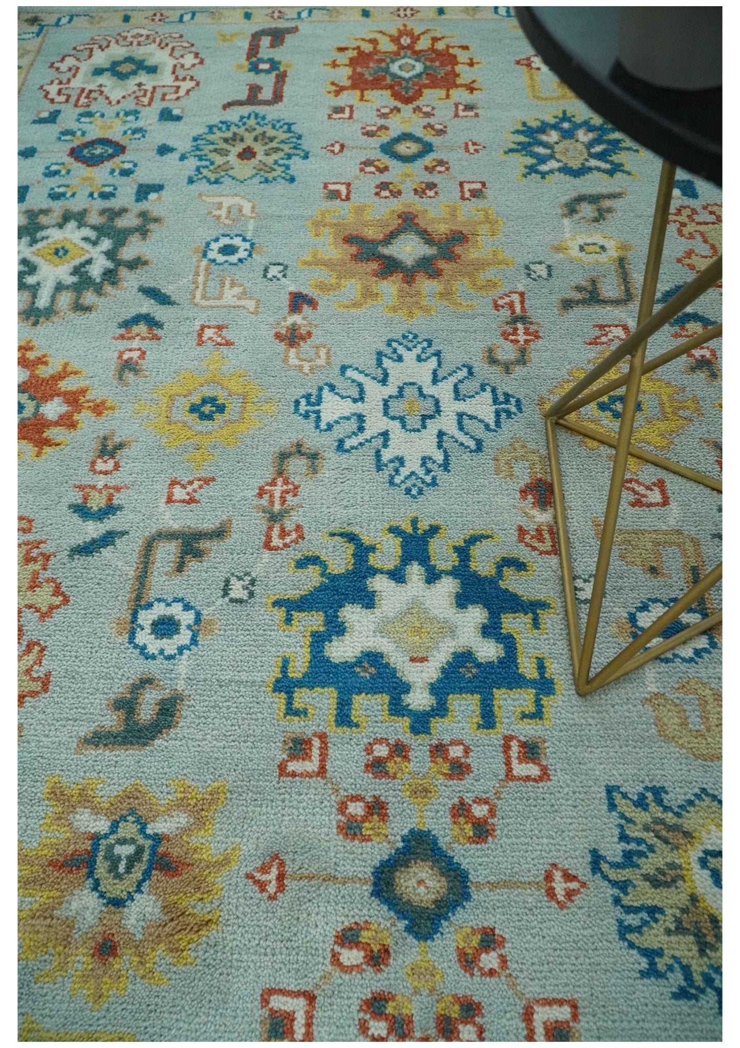 Vibrant Colorful Light Blue, Mustard, Brown and Blue Hand Knotted Traditional Oushak Multi Size wool Area Rug