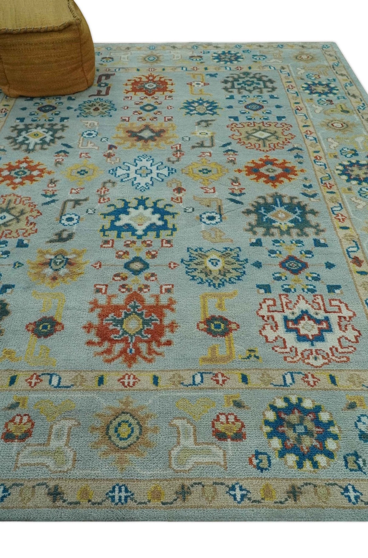 Vibrant Colorful Light Blue, Mustard, Brown and Blue Hand Knotted Traditional Oushak Multi Size wool Area Rug