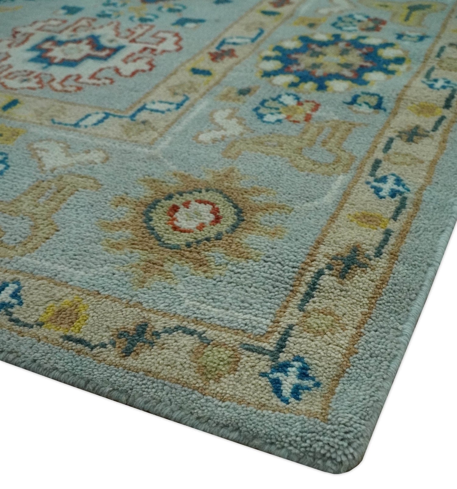 Vibrant Colorful Light Blue, Mustard, Brown and Blue Hand Knotted Traditional Oushak Multi Size wool Area Rug