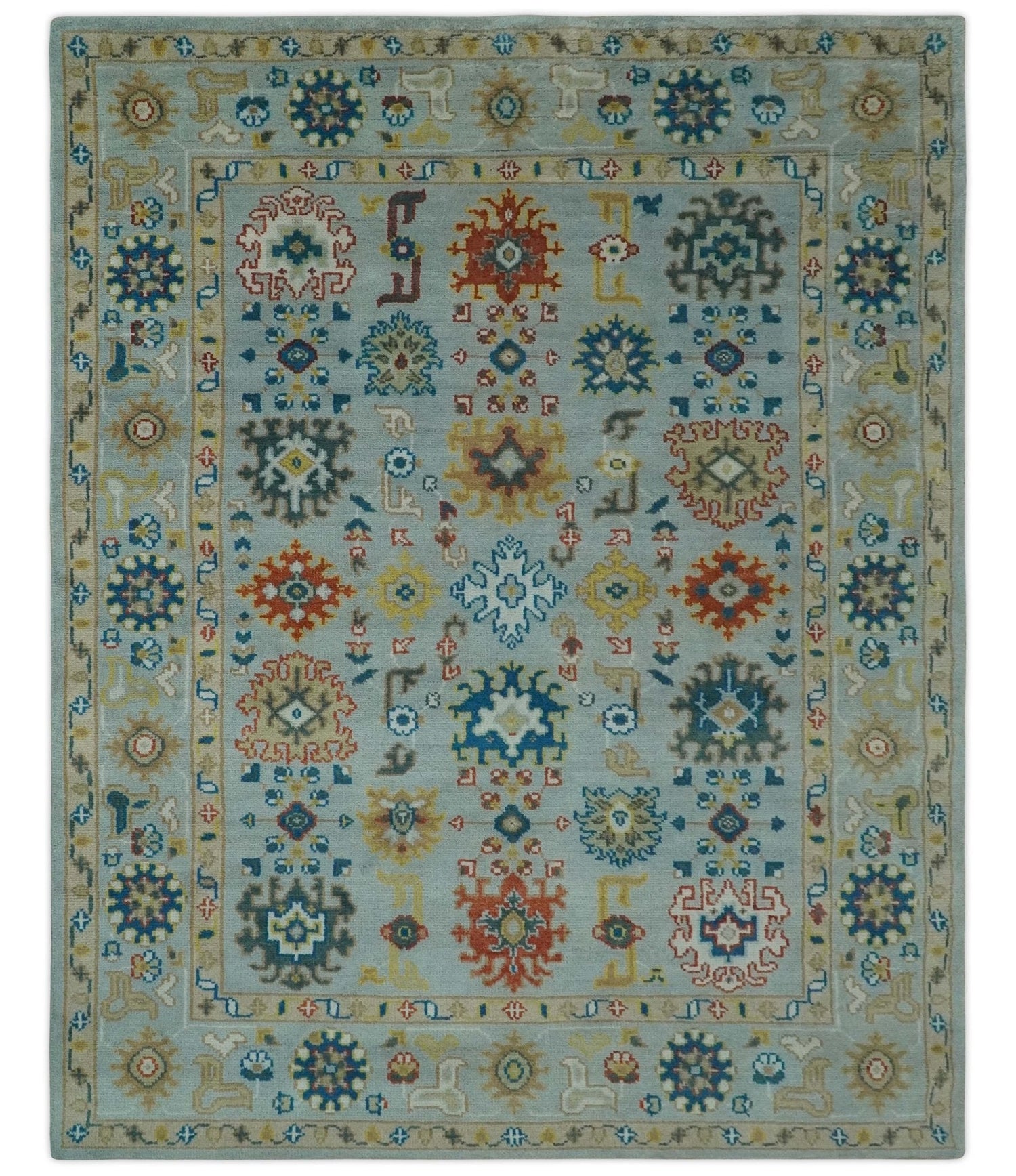 Vibrant Colorful Light Blue, Mustard, Brown and Blue Hand Knotted Traditional Oushak Multi Size wool Area Rug