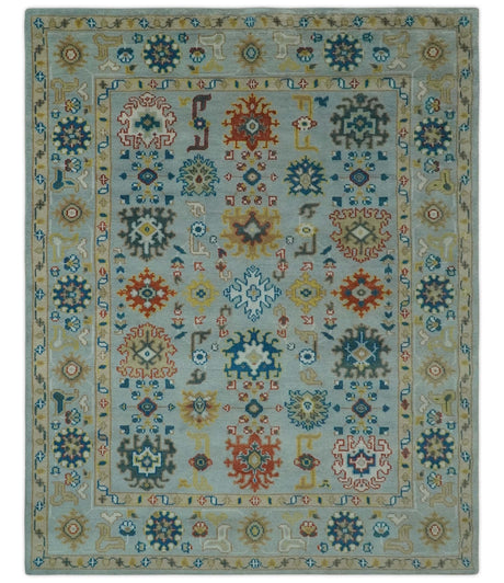 Vibrant Colorful Light Blue, Mustard, Brown and Blue Hand Knotted Traditional Oushak Multi Size wool Area Rug