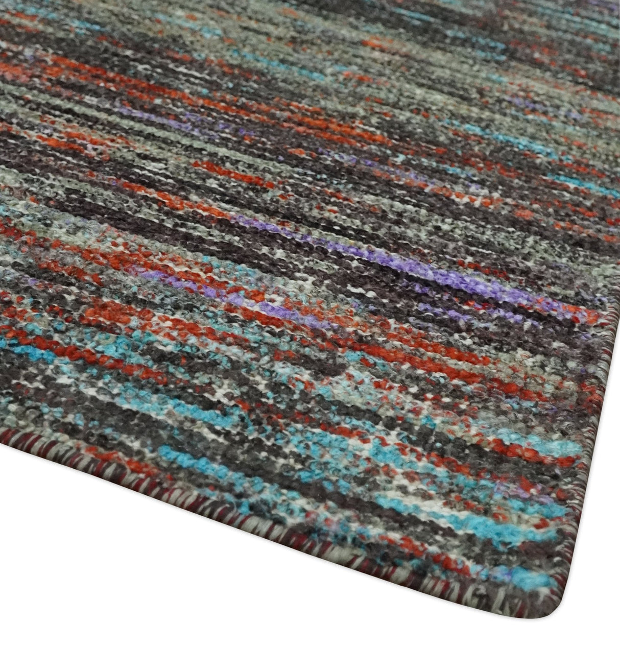 Vibrant Colorful Rust, Violet, Charcoal, Silver and Aqua Modern Abstract Flat Woven 8x10 wool Area Rug