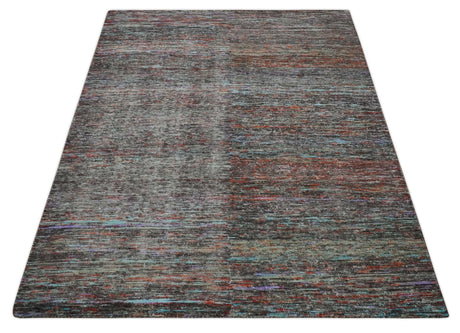 Vibrant Colorful Rust, Violet, Charcoal, Silver and Aqua Modern Abstract Flat Woven 8x10 wool Area Rug