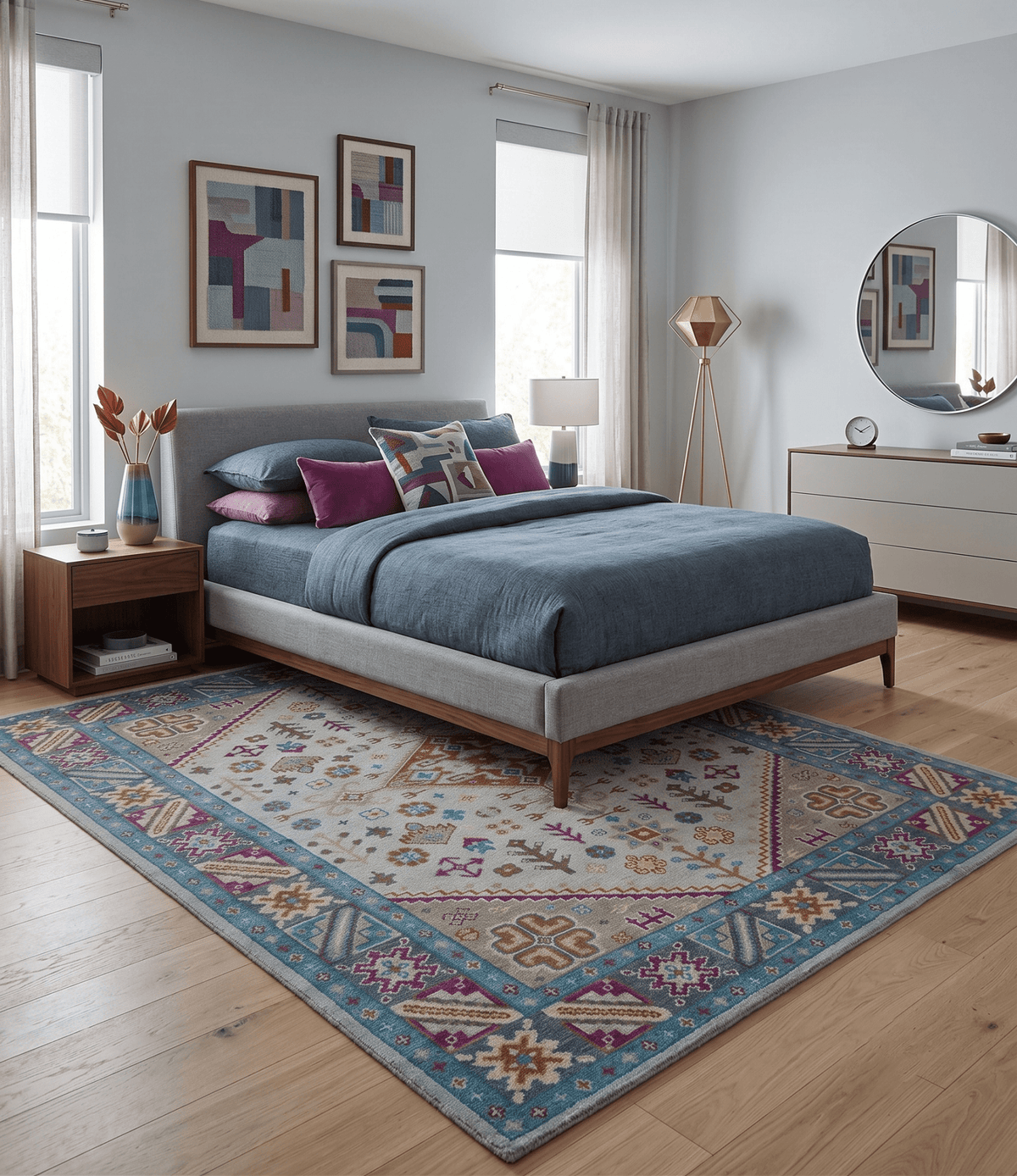 Vibrant Colorful Silver, Beige, Blue and Brown Traditional Heriz Multi Size wool Area Rug