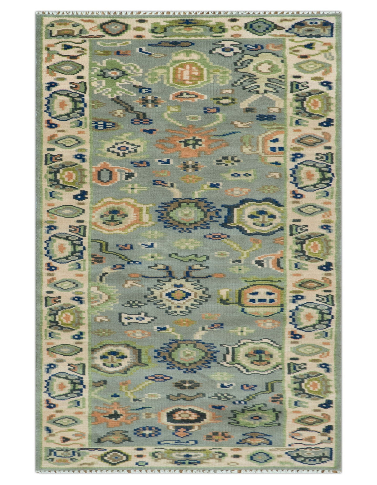 Vibrant Colorful Silver, Green and Light Peach Hand knotted Oushak wool Area Rug