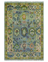 Vibrant Colorful Silver, Green and Light Peach Hand knotted Oushak wool Area Rug