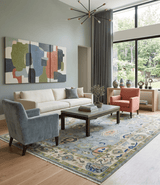 Vibrant Colorful Silver, Green and Light Peach Hand knotted Oushak wool Area Rug