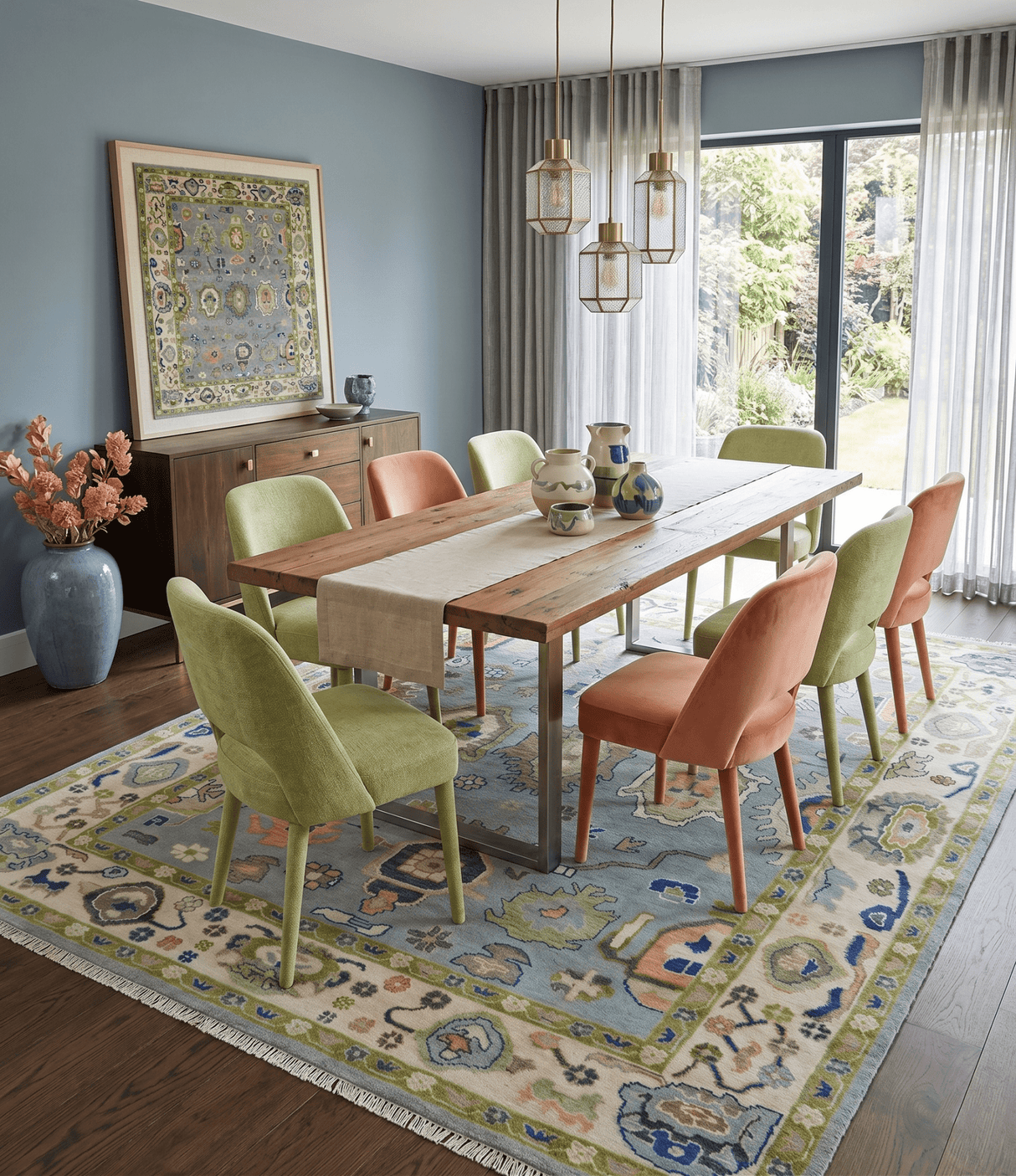 Vibrant Colorful Silver, Green and Light Peach Hand knotted Oushak wool Area Rug