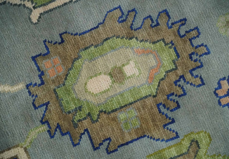 Vibrant Colorful Silver, Green and Light Peach Hand knotted Oushak wool Area Rug