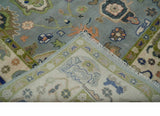 Vibrant Colorful Silver, Green and Light Peach Hand knotted Oushak wool Area Rug