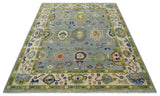 Vibrant Colorful Silver, Green and Light Peach Hand knotted Oushak wool Area Rug