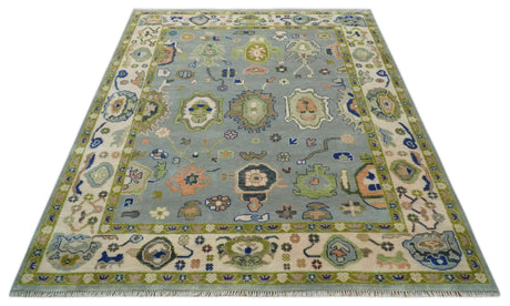 Vibrant Colorful Silver, Green and Light Peach Hand knotted Oushak wool Area Rug