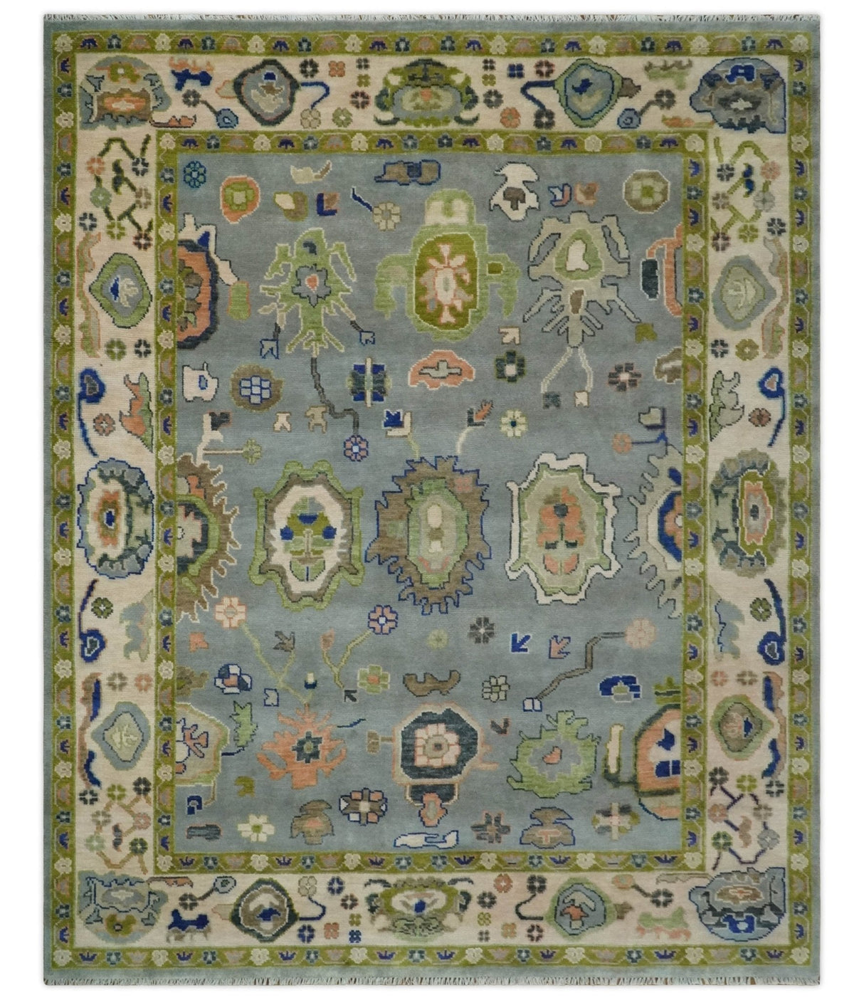 Vibrant Colorful Silver, Green and Light Peach Hand knotted Oushak wool Area Rug