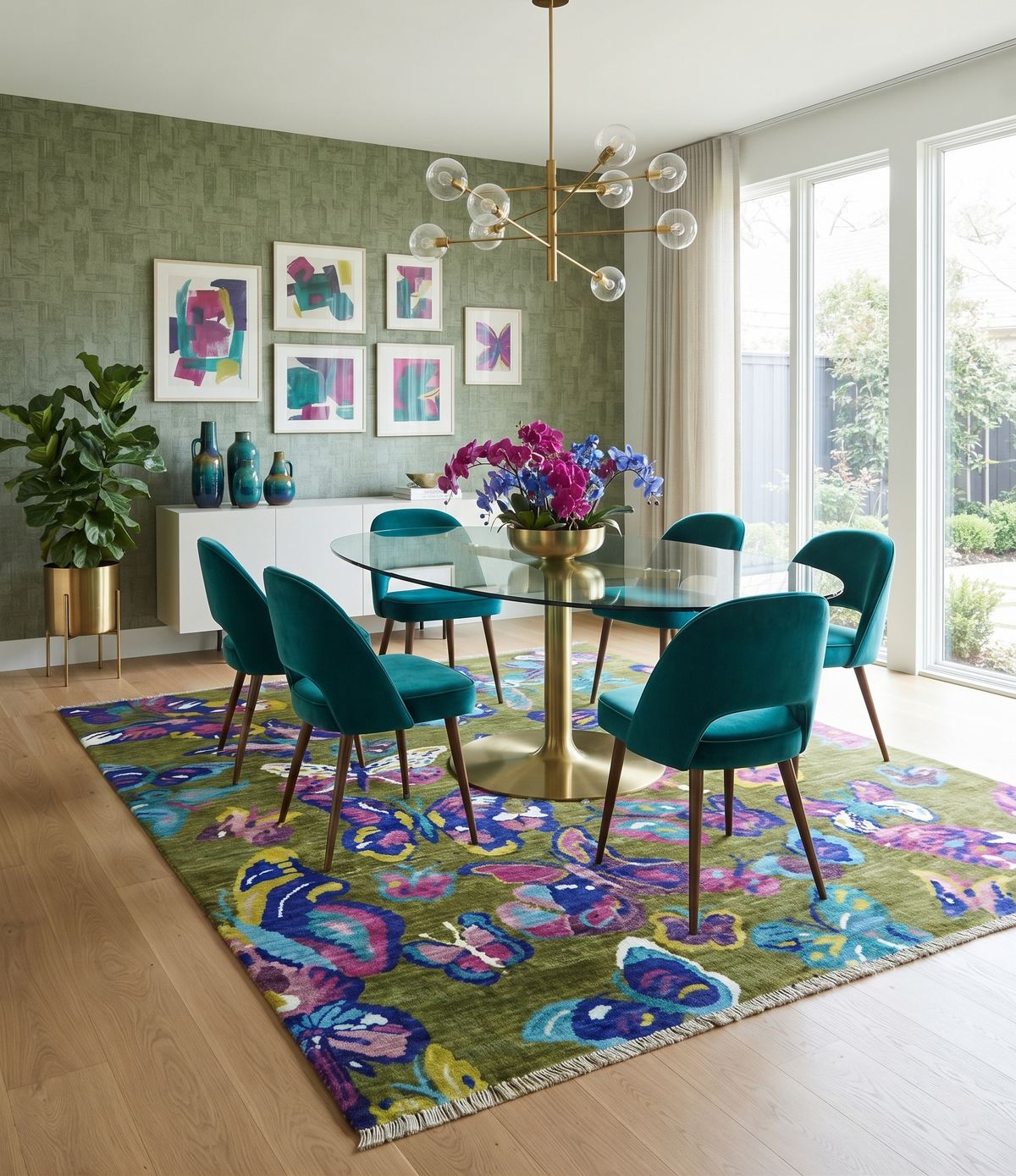 Vibrant Garden of Butterfly Green and Purple Hand knotted Multi size wool Area Rug
