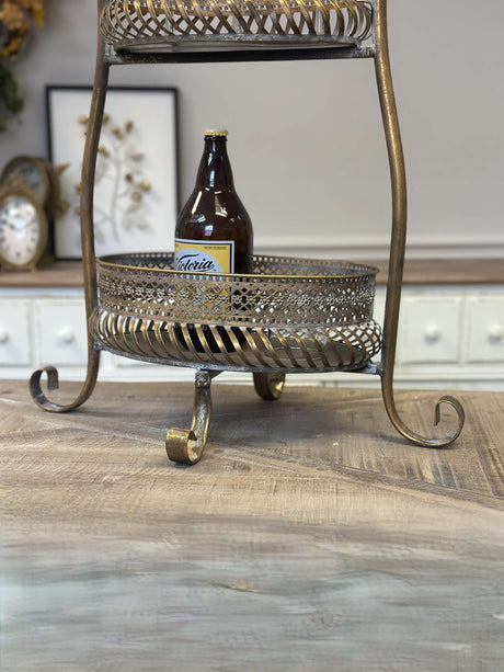 Vintage Brass 2-Tier Metal Bar Cart Stand with Ornate Detailing-Display stand-Parc Decor