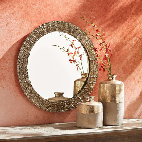 Vintage Champagne Round Wall Mirror with Textured Frame-Wall Mirror-Parc Decor