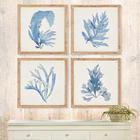 Vintage Coastal Blue Coral Prints with Whitewashed Wood Frames (Set of 4)-Artwork-Parc Decor