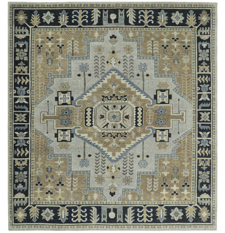 Vintage Distressed Hand Knotted Traditional Heriz Camel Custom Made wool Area Rug