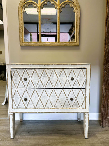 Vintage Dresser with Diamond Pattern in White and Gold-Dresser-Parc Decor