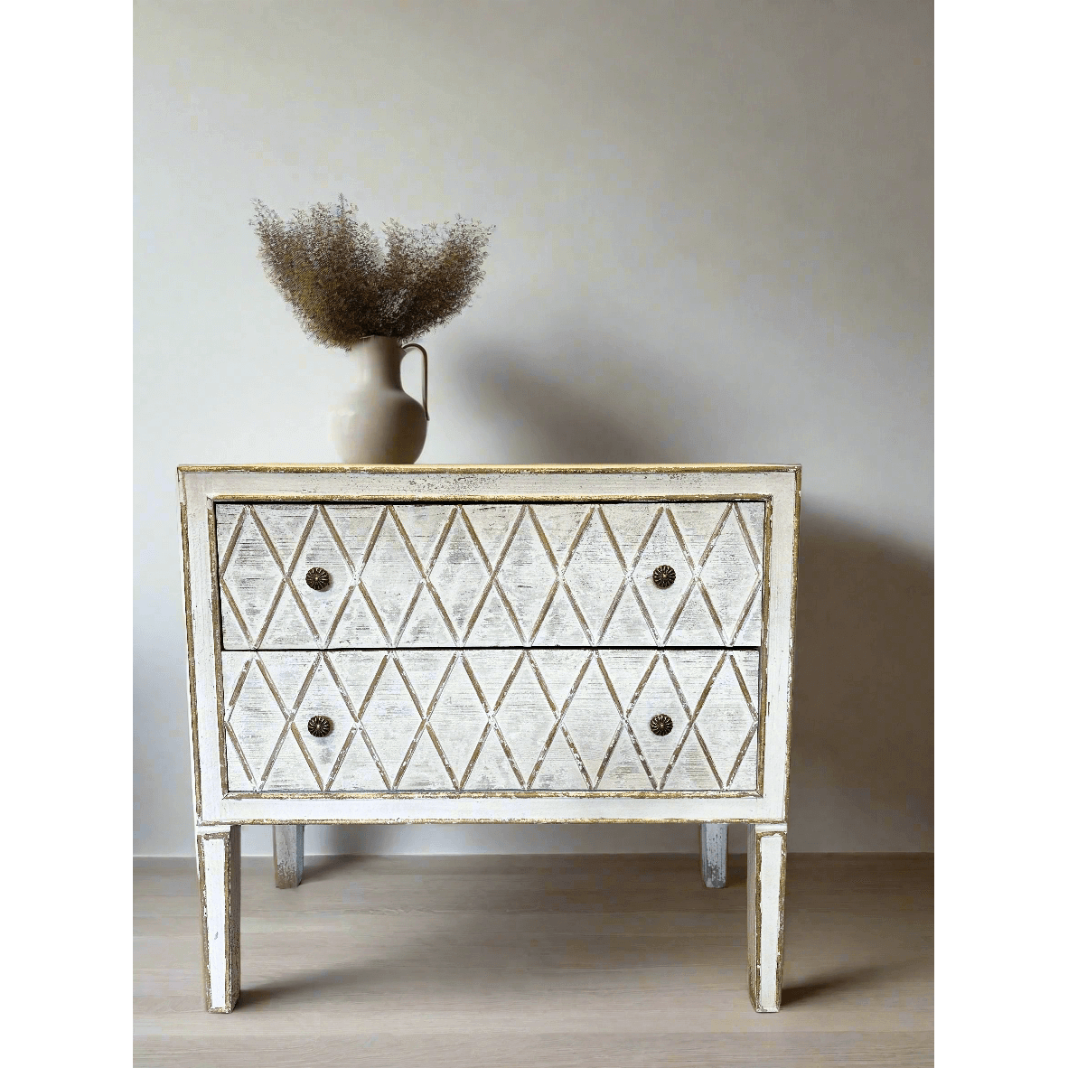 Vintage Dresser with Diamond Pattern in White and Gold-Dresser-Parc Decor