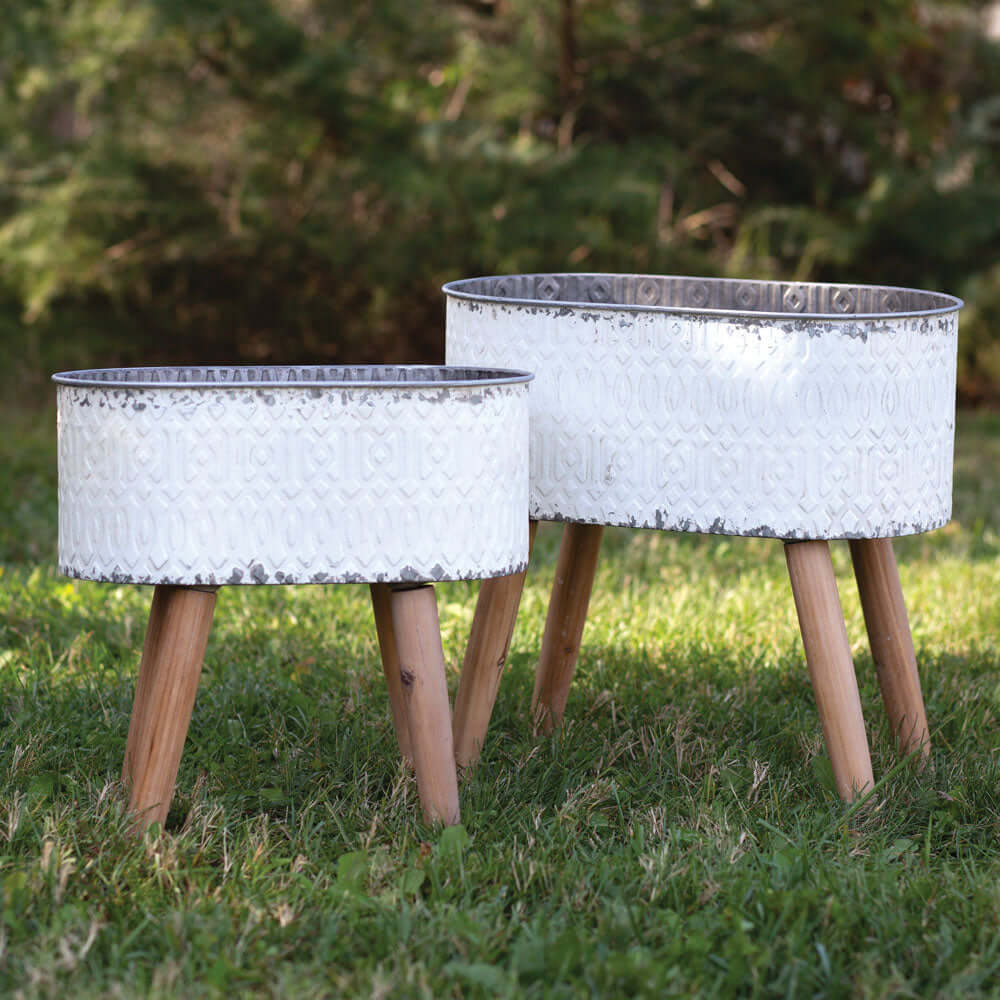 Vintage Embossed Metal Planters with Wood Legs (Set of 2)-Planters-Parc Decor