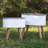 Vintage Embossed Metal Planters with Wood Legs (Set of 2)-Planters-Parc Decor