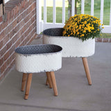 Vintage Embossed Metal Planters with Wood Legs (Set of 2)-Planters-Parc Decor
