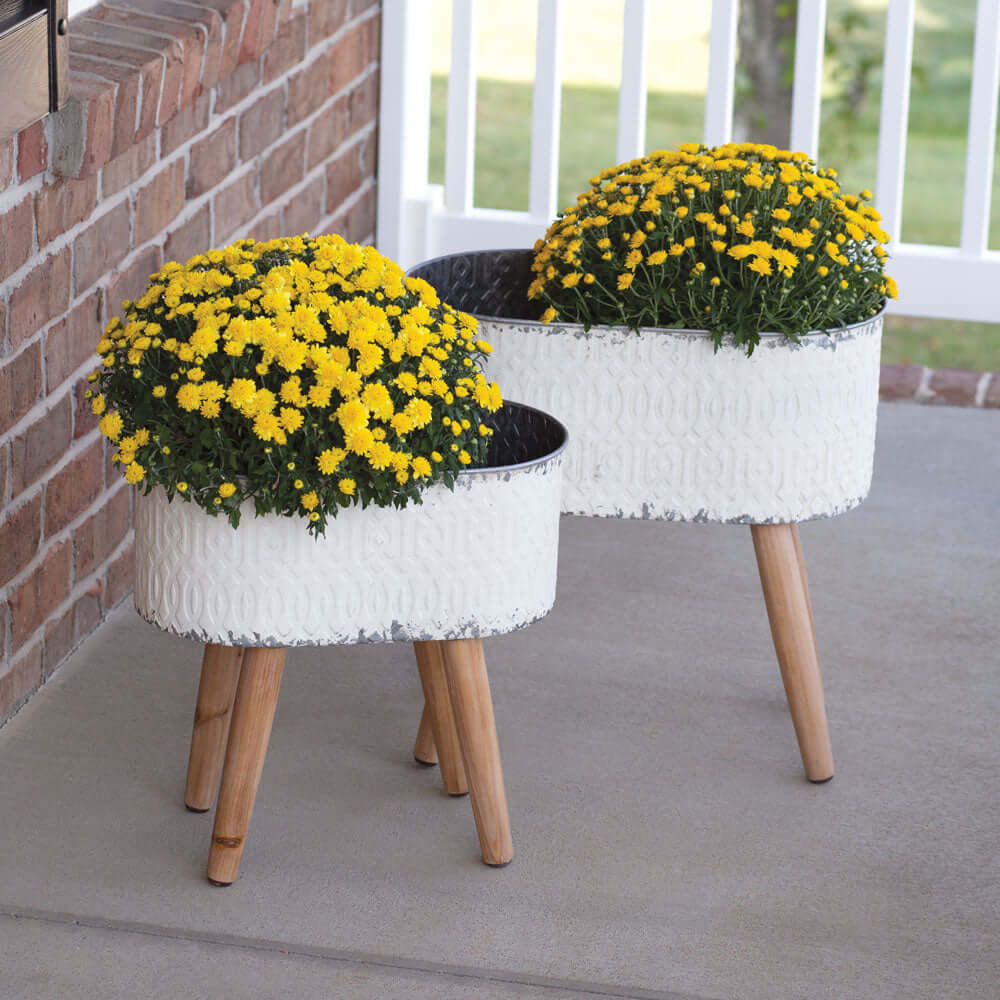 Vintage Embossed Metal Planters with Wood Legs (Set of 2)-Planters-Parc Decor